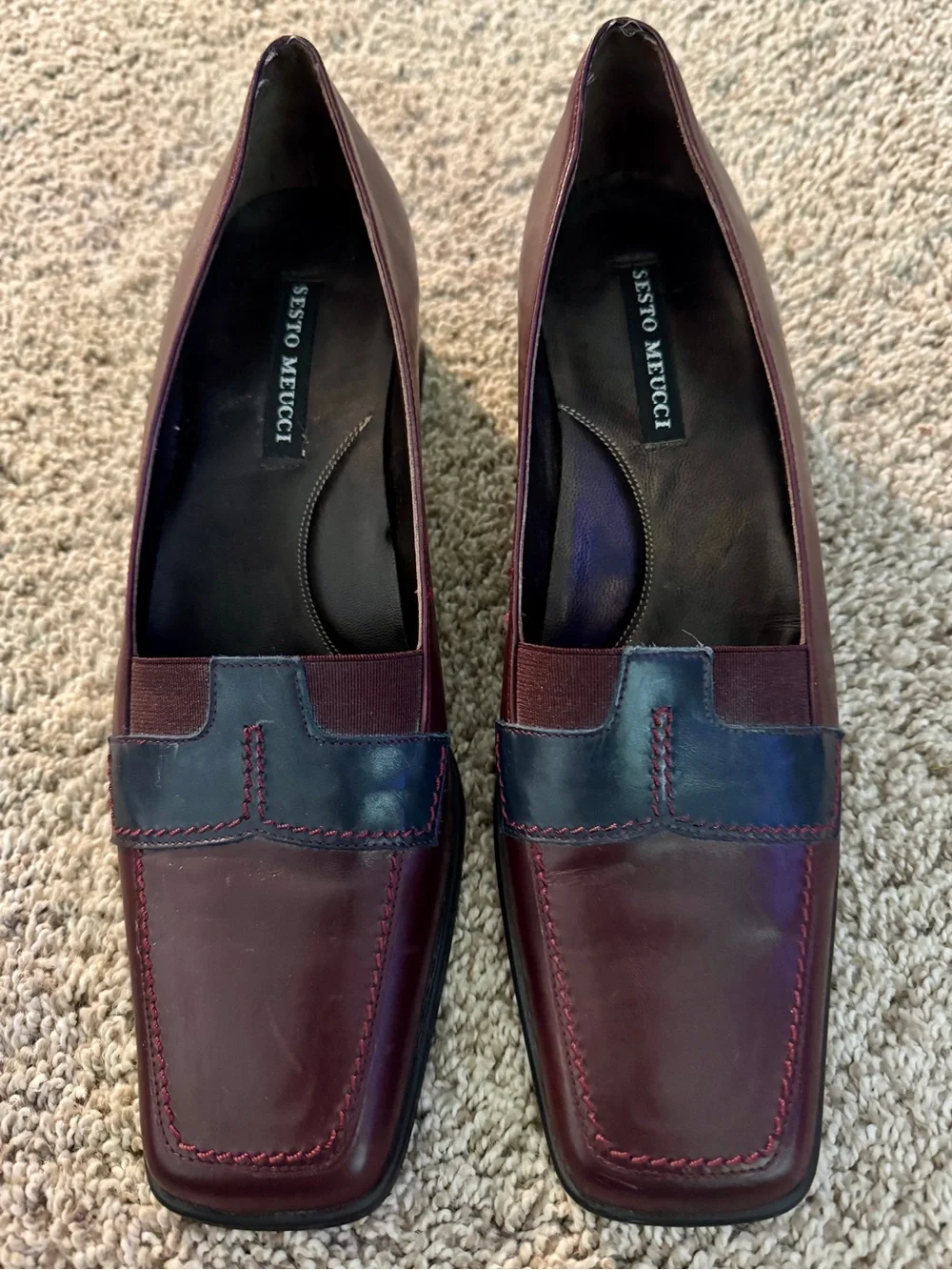 NWT Vintage Sesto Meucci burgundy and dark blue leather slip-on loafers, Size 9